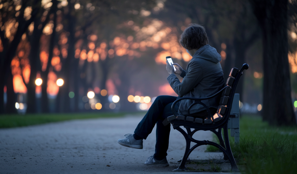 personne-banc-crepuscule-telephone-arbres