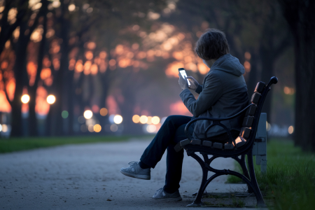 personne-banc-crepuscule-telephone-arbres