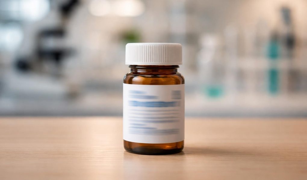 flacon-medicament-table-laboratoire-flou