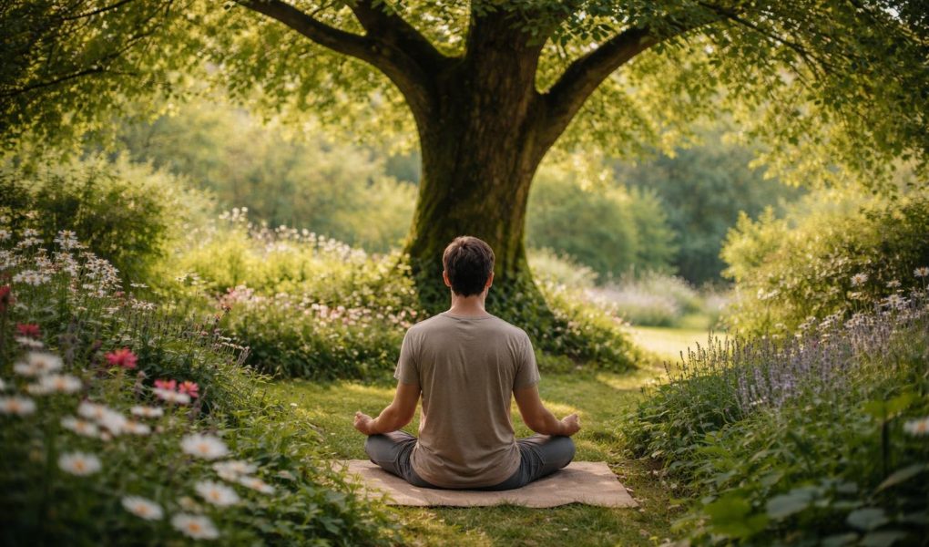 adulte-medite-jardin-verdoyant-fleurs