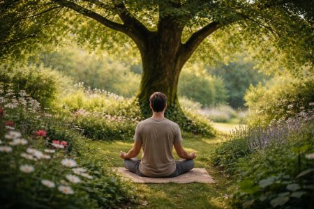 adulte-medite-jardin-verdoyant-fleurs