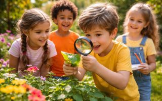 enfants-heureux-jardin-loupe-feuilles