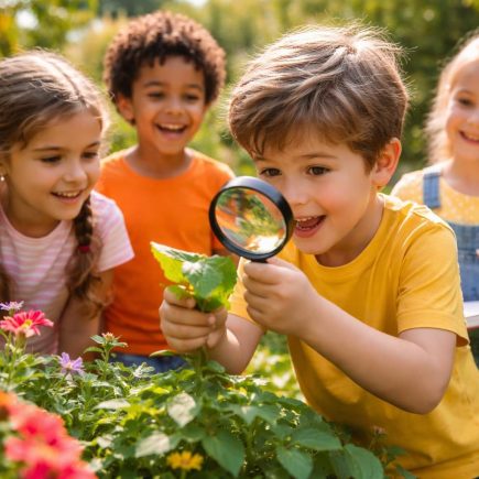 enfants-heureux-jardin-loupe-feuilles