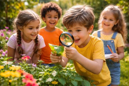 enfants-heureux-jardin-loupe-feuilles