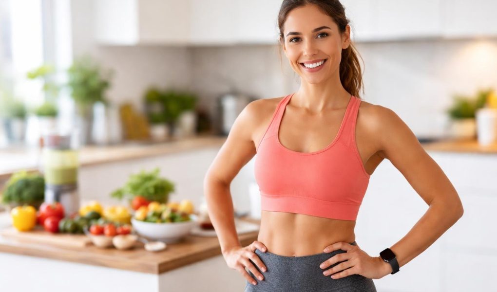 femme-souriante-tenue-sport-cuisine-moderne