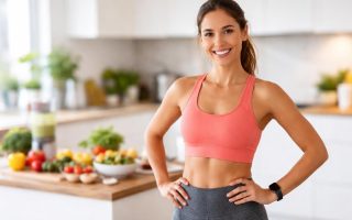 femme-souriante-tenue-sport-cuisine-moderne