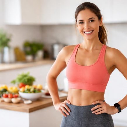 femme-souriante-tenue-sport-cuisine-moderne
