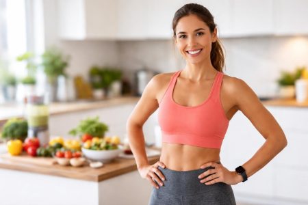 femme-souriante-tenue-sport-cuisine-moderne