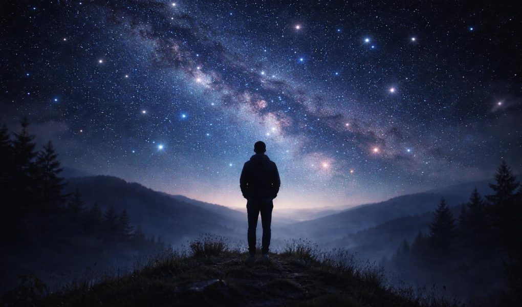 silhouette-personne-ciel-etoile-colline