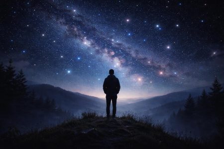 silhouette-personne-ciel-etoile-colline