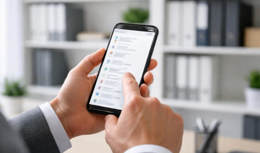 personne-smartphone-bureau-moderne-etageres-floues