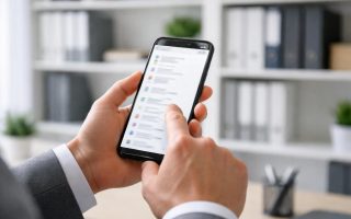 personne-smartphone-bureau-moderne-etageres-floues