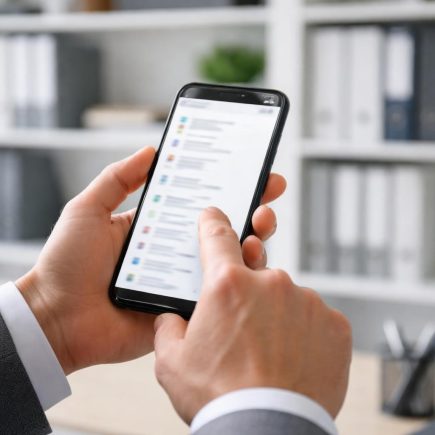 personne-smartphone-bureau-moderne-etageres-floues