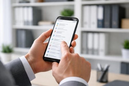 personne-smartphone-bureau-moderne-etageres-floues