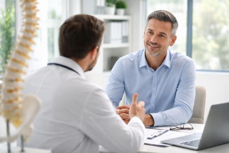 medecin-patient-bureau-maquette-colonne-vertebrale