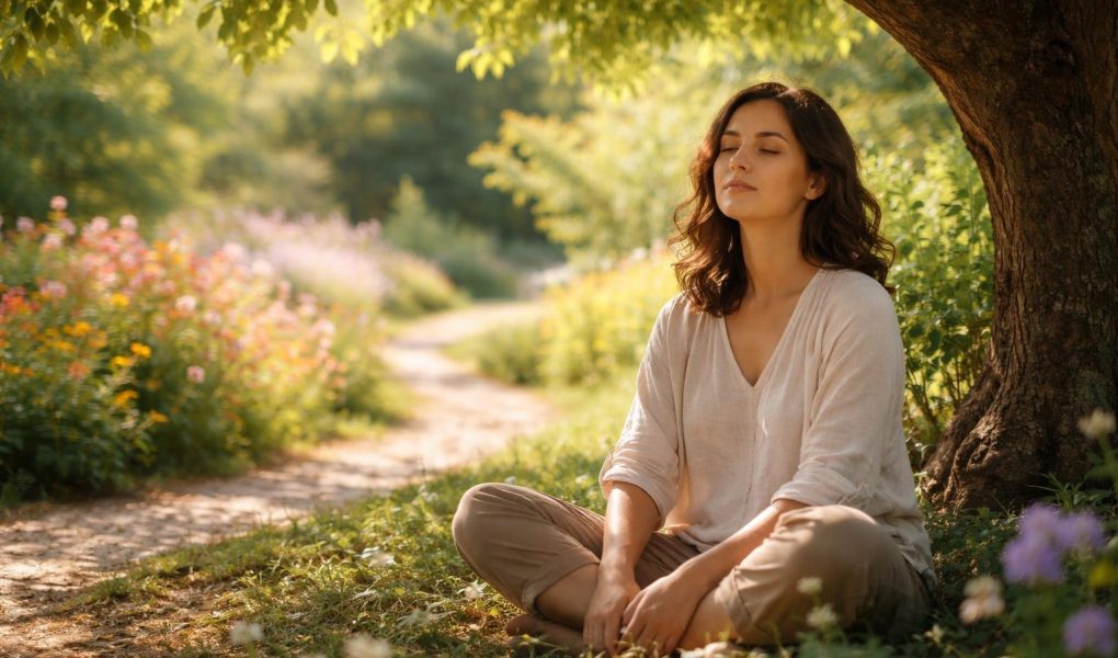 personne-arbre-ombre-jardin-fleuri