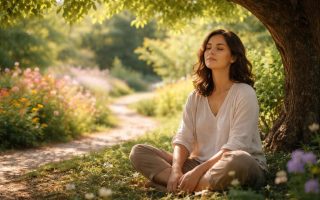 personne-arbre-ombre-jardin-fleuri