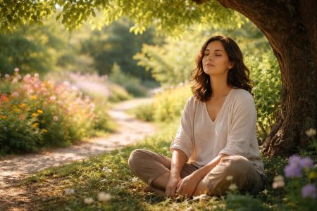 personne-arbre-ombre-jardin-fleuri