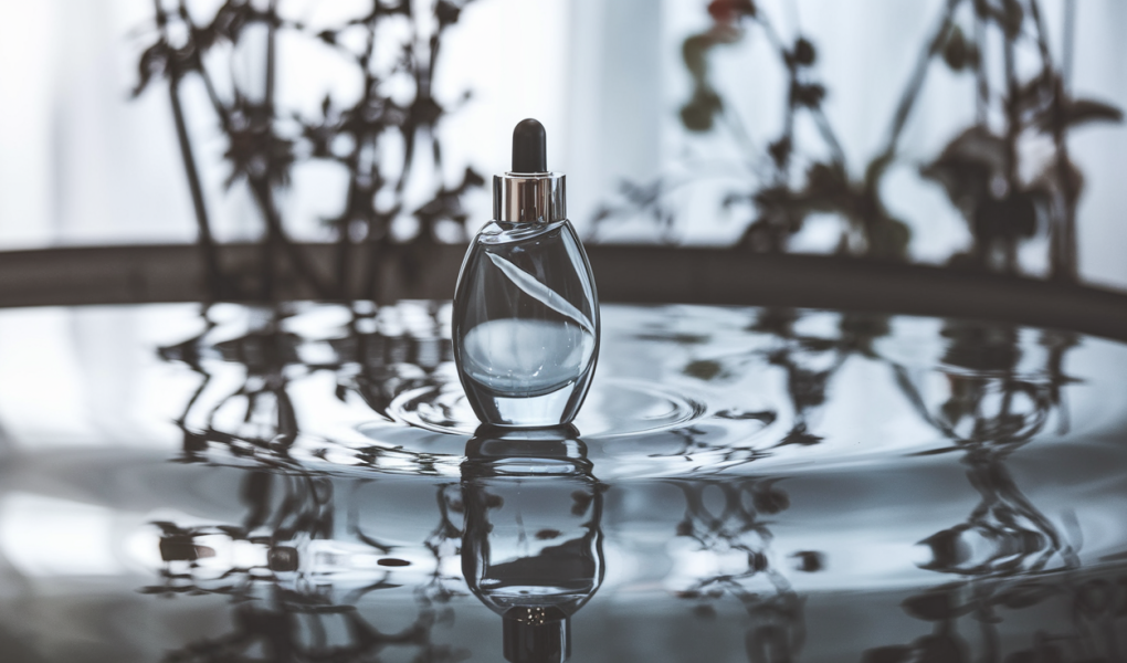 flacon-cosmetique-surface-reflechissante-plantes